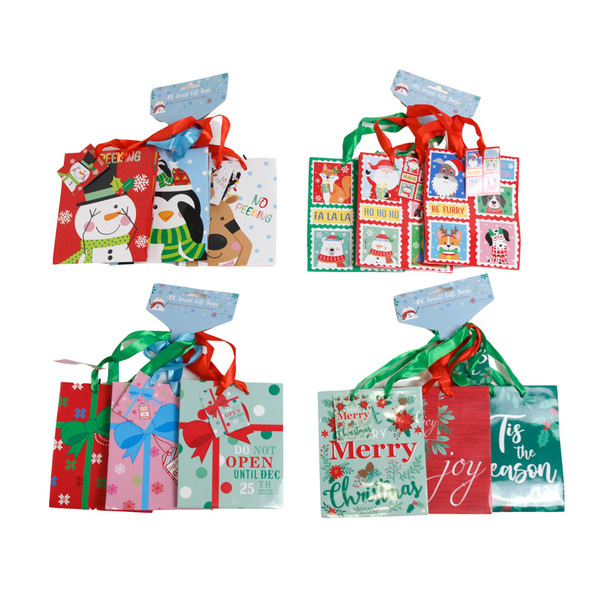GIFT BAG SMALL 3PK CHRISTMAS 4 ASST COMBOS 4.25 X 5.25 X 2.25IN BARBELL HDR