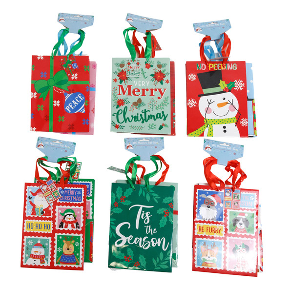 GIFT BAG CHRISTMAS 2PK MEDIUM 6 X 4 X 8 12 ASST BARBELL HDR