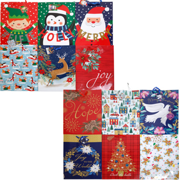 GIFT BAG XL CHRISTMAS 6 ASST 13 X 4 X 18IN UPC LAB