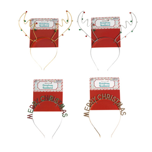 HEADBAND REINDEER/ MERRY CHRISTMAS METAL 2 ASST STYLES EA IN 2 COLORS