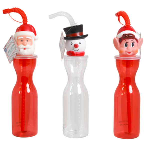 SIPPER BOTTLE W/STRAW & 3-D XMAS CHARACTER 11.8IN 3AST HT