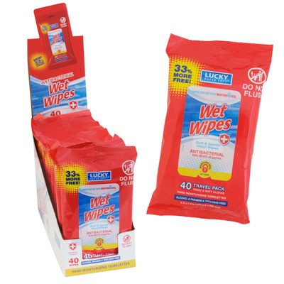 WIPES 40CT ANTI-BACTERIAL TRAVEL PACK 12PC PDQ DISPLAY LUCKY