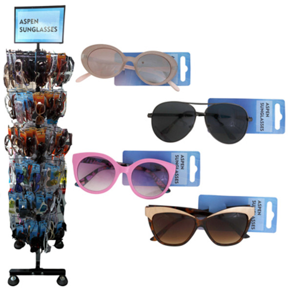 SUNGLASSES ASSORTED MENS - WOMENS PLASTIC - METAL IN FLOOR DISPLAY ASPEN BRAND