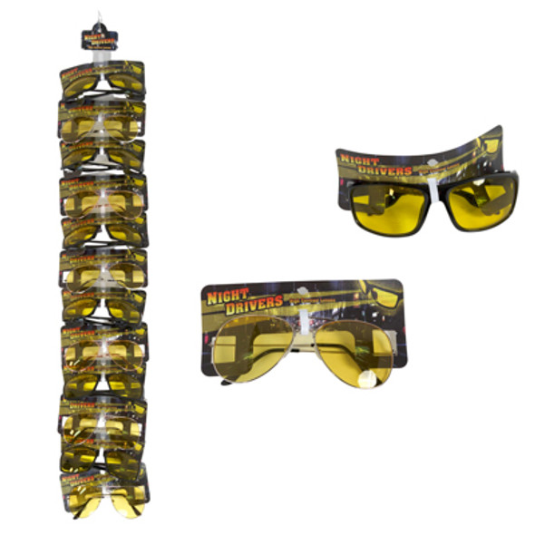 NIGHT DRIVER GLASSES WITH HIGH CONTRAST LENSES ON CLIP STRIP PLASTIC AND METAL FRAMES