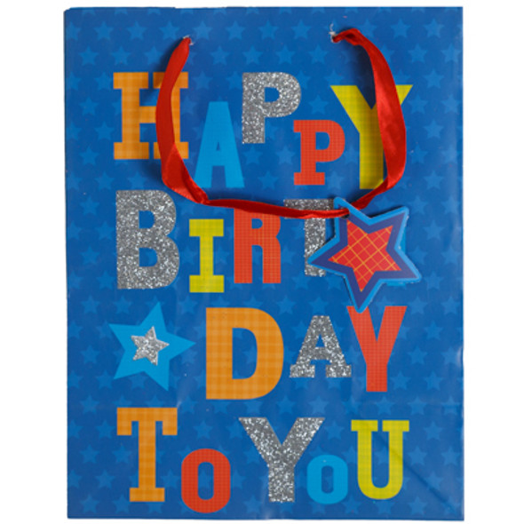 GIFT BAG 7X9X4 HAPPY BIRTHDAY TO YOU BLUE GLITTER PEGGABLE