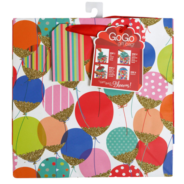 GIFT BAG W/TISSUE FAN 7X3.5X9 GLITTER BALLOONS SQUARE GOGO COTTON PAPER PEGGABLE