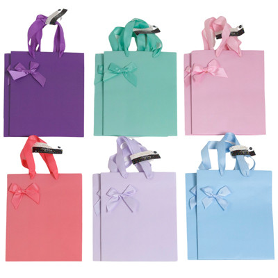 GIFT BAG MEDIUM 2PK SOLID COLOR W/TIPON GROSGRAIN RIBBON BOW 6AST 7X3.93 X8.93
