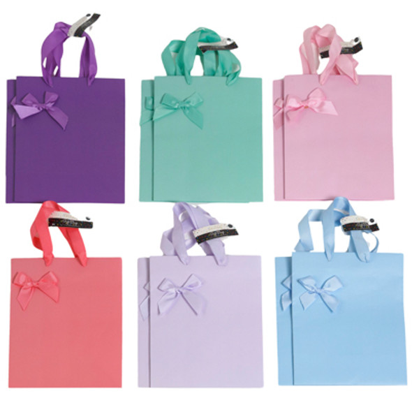 GIFT BAG MEDIUM 2PK SOLID COLOR W/TIPON GROSGRAIN RIBBON BOW 6AST 7X3.93 X8.93