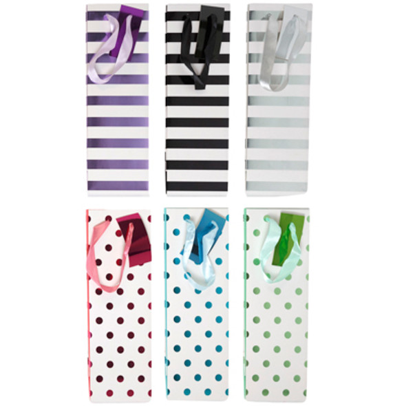GIFT BAG BOTTLE BAG HOTSTAMP W/DOTS OR STRIPES 6AST 4.7 X 14 X 3.54IN