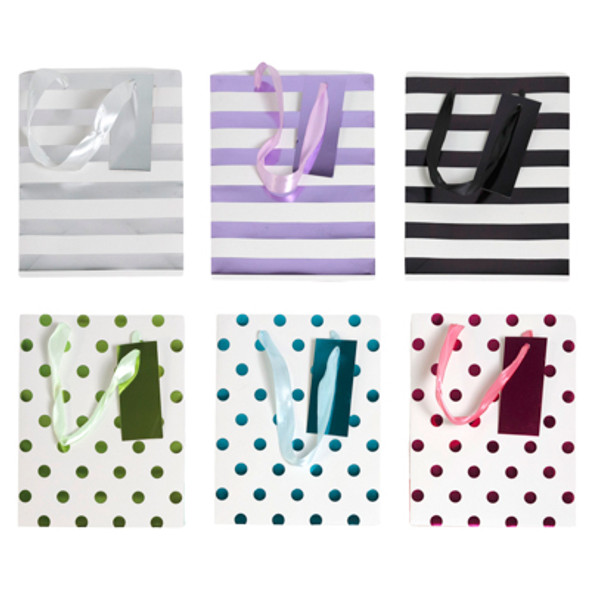 GIFT BAG MEDIUM HOTSTAMP W/DOTS OR STRIPES 6AST 7X9X3.93IN GIFT BAG MEDIUM HOTSTAMP W/DOTS OR STRIPES 6AST 7X9X3.93IN