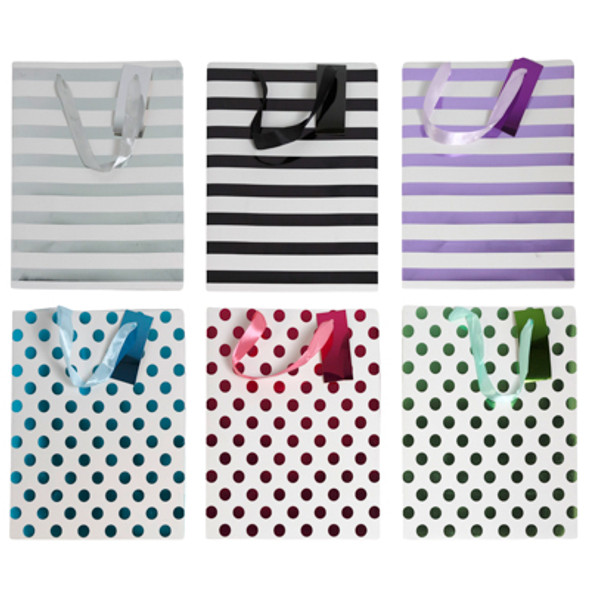GIFT BAG LARGE HOTSTAMP W/DOTS OR STRIPES 6AST 10.23X12.6X5