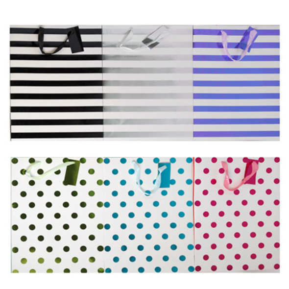 GIFT BAG JUMBO HOTSTAMP W/DOTS OR STRIPES 6AST 12X18X5 GIFT BAG JUMBO HOTSTAMP W/DOTS OR STRIPES 6AST 12X18X5