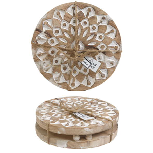 TRIVETS 8IN 2PC SET FLOWER CARVED WOOD TRIVETS 8IN 2PC SET FLOWER CARVED WOOD