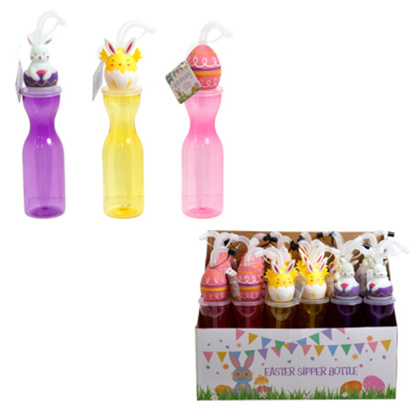 SIPPER BOTTLE W/STRAW & 3-D EASTER CHARACTER 11IN/16.9OZ 3 ASST BUNNY/CHICK/EGG HANGTAG/24PC PDQ
