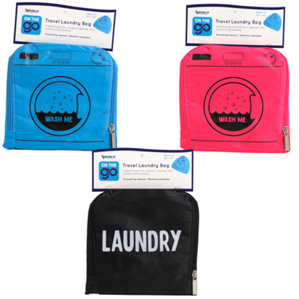 TRAVEL LAUNDRY BAG 3ASSORTED  22X21 DRAWSTRING BLUE/BLACK/PINK CARDED PEGGABLE