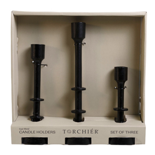 CANDLE HOLDER 3PC SET  BLACK CAST METAL TORCHIER TRAY PACK BOX (20.00)