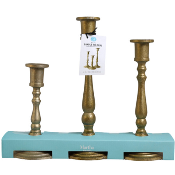 CANDLE HOLDER 3PC SET 6IN/8IN/10.5IN  ROUND BALL BRASS CAST METAL MARTHA STEWART TRAY PACK BOX (18.00) CANDLE HOLDER 3PC SET 6IN/8IN/10.5IN  ROUND BALL BRASS CAST METAL MARTHA STEWART TRAY PACK BOX (18.00)