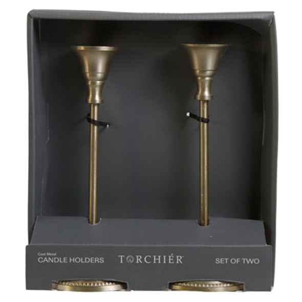 CANDLE HOLDER 2PC SET 8IN GOLD CAST METAL TORCHIER TRAY PACK BOX (12.00) CANDLE HOLDER 2PC SET 8IN GOLD CAST METAL TORCHIER TRAY PACK BOX (12.00)