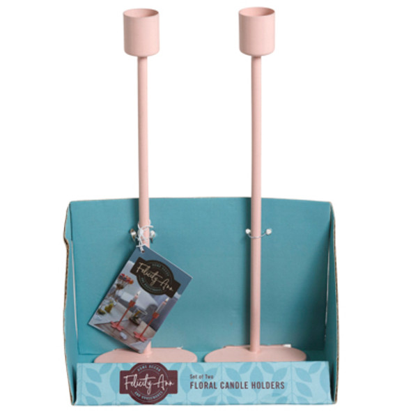CANDLE HOLDER 2PC SET 10IN FLORAL PINK IRON TRAY PACK BOX (14.00)