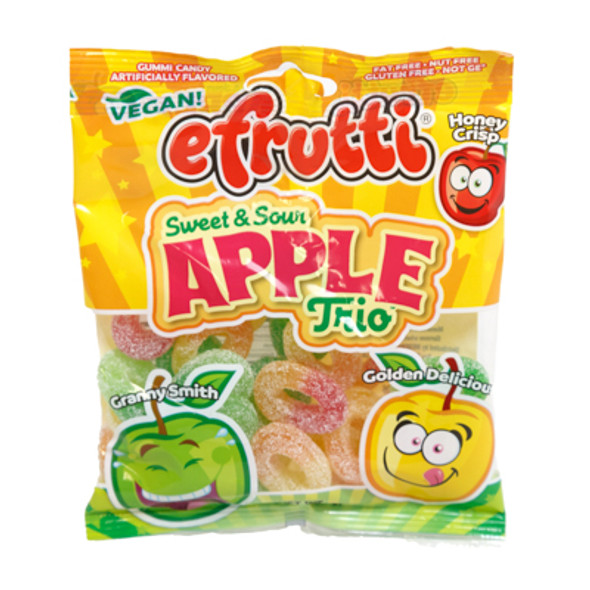 EFRUTTI SWEET AND SOUR APPLE TRIO GUMMIES 3.5 OZ PEG BAG EFRUTTI SWEET AND SOUR APPLE TRIO GUMMIES 3.5 OZ PEG BAG