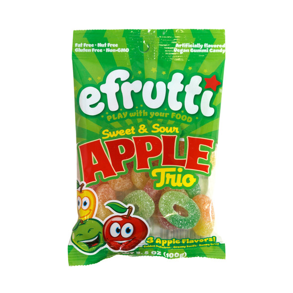 EFRUTTI SWEET AND SOUR APPLE TRIO GUMMIES 3.5 OZ PEG BAG