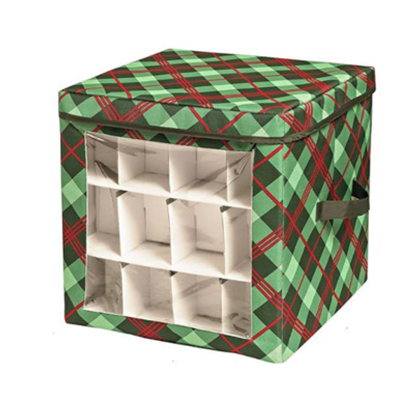 STORAGE CUBE ORNAMENT BOX 15.88X2.13X16.3 VERY MERRY PLAID HOLIDAY DECOR BROWN BOX
