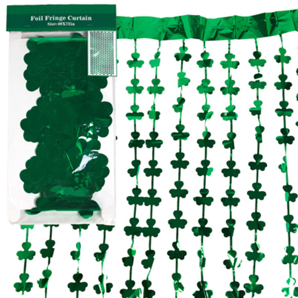 SHAMROCKS FOIL FRINGE CURTAIN ST. PATRICKS 39X78IN 2AST GREEN & GOLD ST PAT PBH