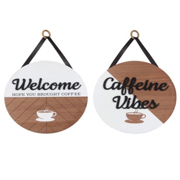 DOOR HANGER/WALL SIGN 2AST 15X15 WELCOME/COFFEE WOOD