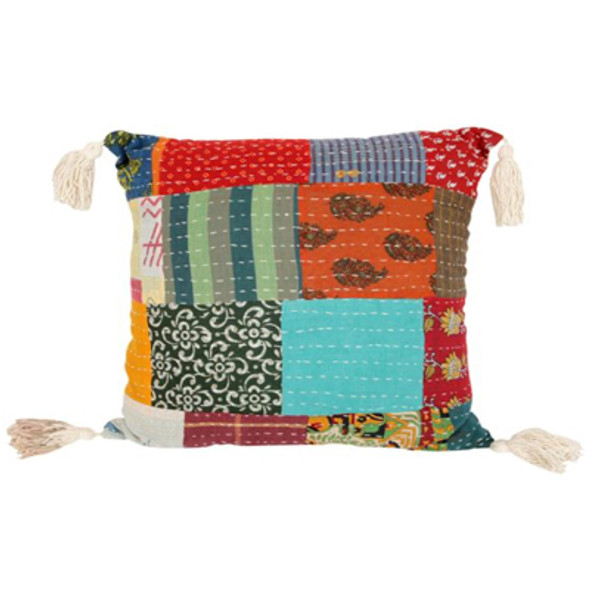 PILLOW 18X18  KANTHA PATCH W/TASSLES COTTON PILLOW 18X18  KANTHA PATCH W/TASSLES COTTON