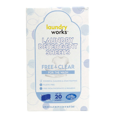 LAUNDRY DETERGENT SHEETS UP TO 20 LOADS FREE & CLEAR LAUNDRY WORKS 10 SHEETS/BOX