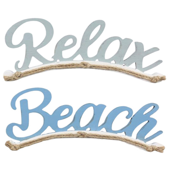 TABLETOP SIGN 2AST 10X1.65X4.5 RELAX/BEACH NAUTICAL WOOD TABLETOP SIGN 2AST 10X1.65X4.5 RELAX/BEACH NAUTICAL WOOD