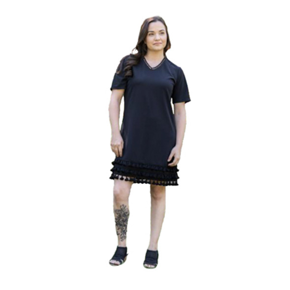 DRESS W/V-NECK 1S/1M/1L/1XL FRINGE BLACK DRESS W/V-NECK 1S/1M/1L/1XL FRINGE BLACK