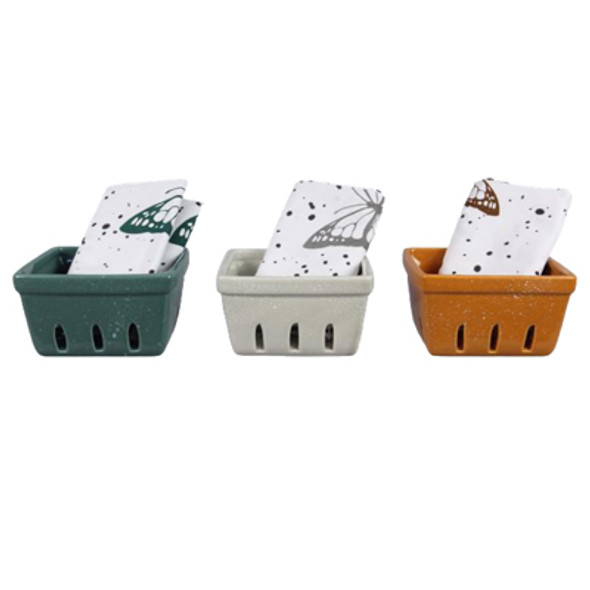 BERRY DISH W/TEA TOWEL 3AST 4.5X4.5X3 GREEN/GRAY/ORANGE CERAMIC
