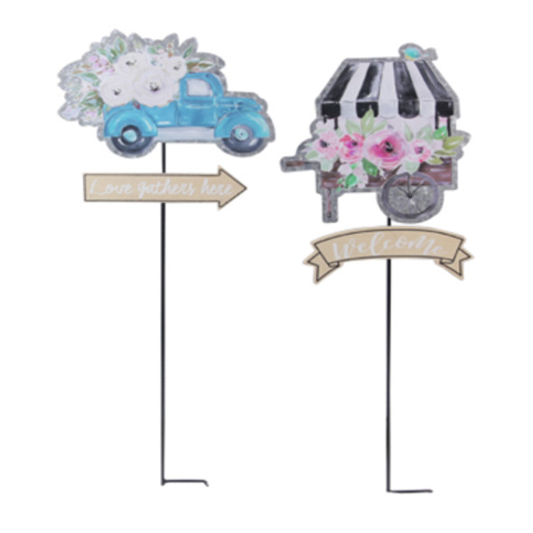 GARDEN STAKES W/SIGN 2AST 10.5X32  PAINTED TIN/WOOD GARDEN STAKES W/SIGN 2AST 10.5X32  PAINTED TIN/WOOD