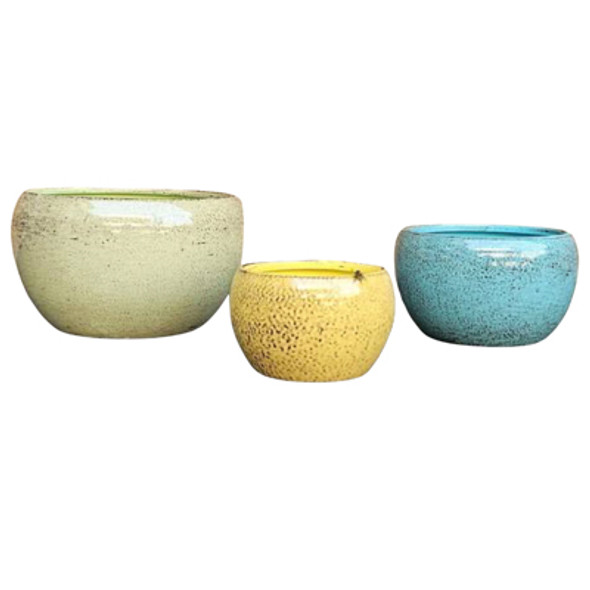 POTS 3PC SET 6X6X4 APPLE W/DRAINAGE HOLE GREEN/YELLOW/BLUE METAL