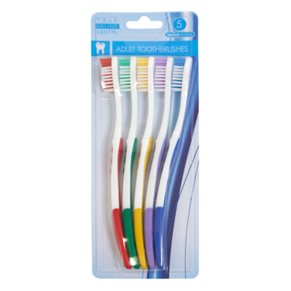 TOOTHBRUSH ADULT MEDIUM BRISTLE 5PK/5CLRS PER PK HBA BLISTER