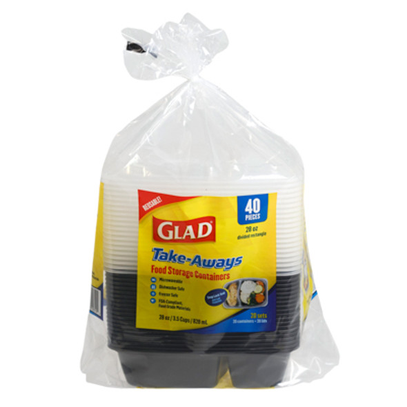 FOOD STORAGE CONTAINERS REUSABLE GLAD TAKE AWAYS 40PC 28OZ DIVIDED