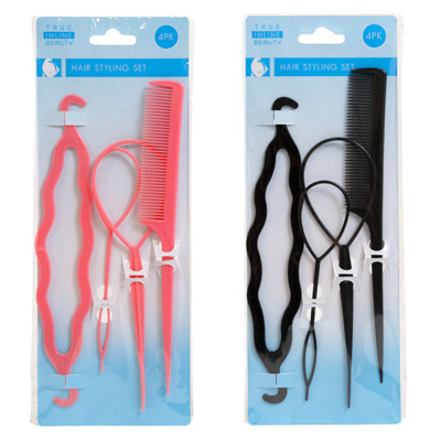 HAIR STYLING SET 4PCS W/TOPSY TAIL TOOLS/BUN MAKER & COMB/2 CLRS BLK/PINK HBA PB/INSERT