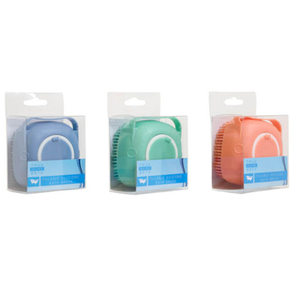 FILLABLE BATH BRUSH SILICONE HANDHELD SOAP DISPENSING 3AST COLORS/PVC BOX