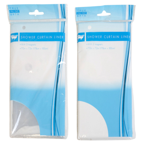 SHOWER CURTAIN LINER 70X72 PEVA 2ASST CLEAR/WHITE W/MAGNETS 135G IN PRTD/PB