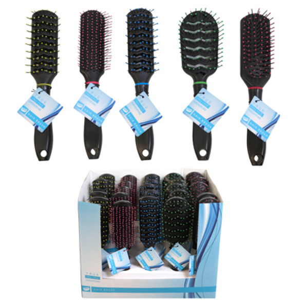 HAIR BRUSH ALL BLACK W/COLOR BALL TIPS & NECK BAND 5AST/25PC PDQ/HT