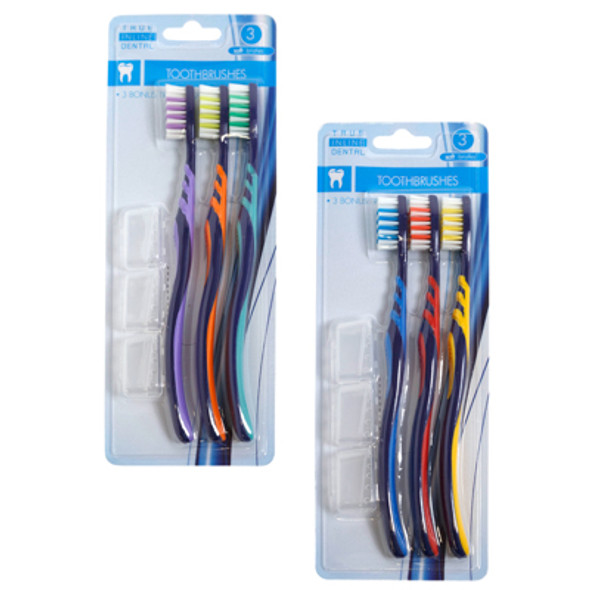 TOOTHBRUSH ADULT 3PK W/TRAVEL CAPS 2AST SOFT BRISTLE HBA BLC