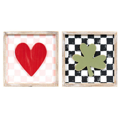 WALL ART 10X10X1.5 REVERSIBLE HEART/CLOVER WOOD (11.00)