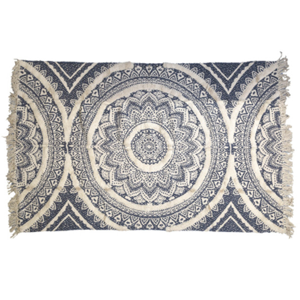 RUG 4X6 MEDALLION TEXTURED FRINGE SHAG PRINT HANDLOOMED BLUE/NATURAL COTTON RUG 4X6 MEDALLION TEXTURED FRINGE SHAG PRINT HANDLOOMED BLUE/NATURAL COTTON