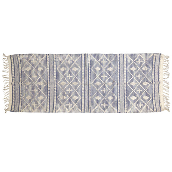 RUG 2.3X6 REVERSIBLE DIAMOND TEXTURED FRINGE HANDLOOMED NATURAL/FRENCH BLUE COTTON RUG 2.3X6 REVERSIBLE DIAMOND TEXTURED FRINGE HANDLOOMED NATURAL/FRENCH BLUE COTTON