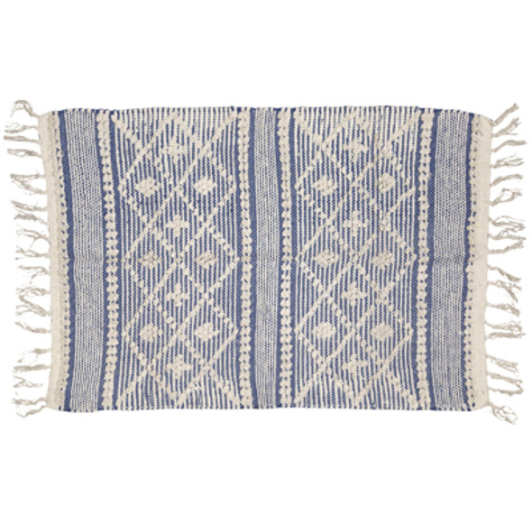 RUG 2X3 REVERSIBLE DIAMOND TEXTURED FRINGE HANDLOOMED NATURAL/FRENCH BLUE COTTON RUG 2X3 REVERSIBLE DIAMOND TEXTURED FRINGE HANDLOOMED NATURAL/FRENCH BLUE COTTON