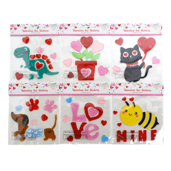 GEL CLING VALENTINE STICKERS 6AST VAL/PBH