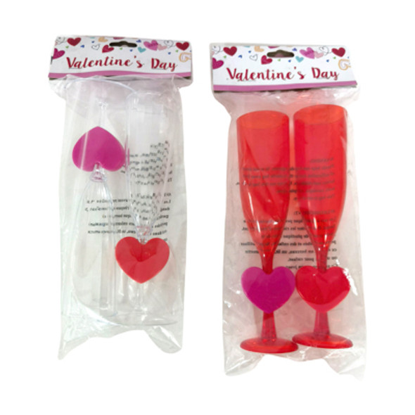CHAMPAGNE FLUTE 2PK W/HEART STEM PLASTIC 4AST CLRS 5OZ/8.25INH