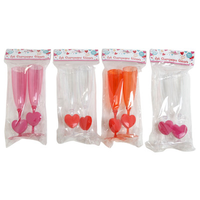 CHAMPAGNE FLUTE 2PK W/HEART STEM PLASTIC 4AST CLRS 5OZ/8.25INH