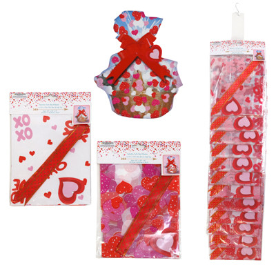 CELLO BAG-A-BASKET SET W/PULL BOW & GIFT TAG 2ASST VALENTINE PRINTS 22X25X8IN 12PC MDSG STRIP VAL/PBH